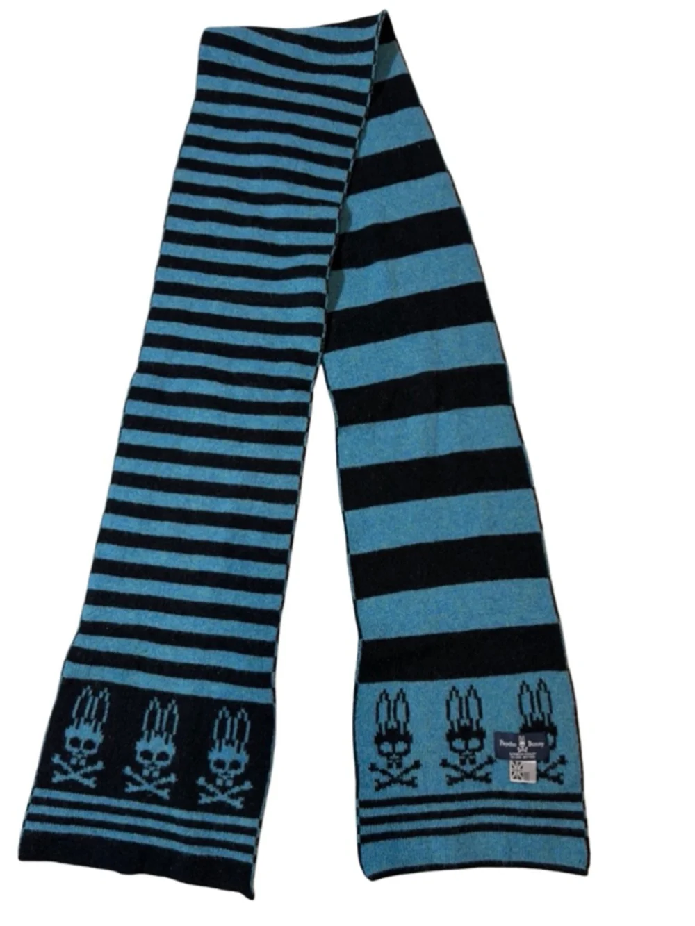 Psycho Bunny Blue Black Skull Bunny Striped Wool Scarf Made In Scotland